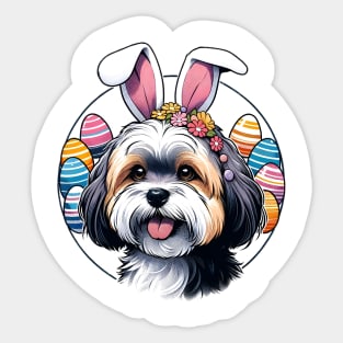 Lowchen Enjoys Easter with Bunny Ears and Eggs Sticker